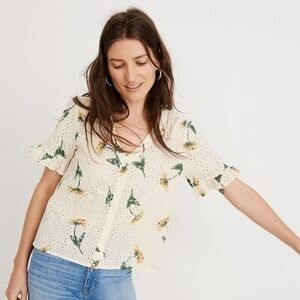 Madewell Eyelet Village Ruffle-Sleeve Shirt in Sunflower Scatter size XS